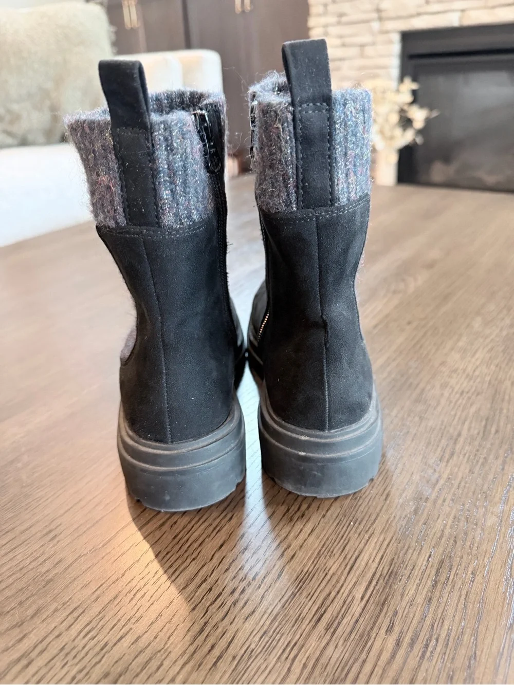 Kids Size 2 Black Suede Ankle Boots with Knit Cuff